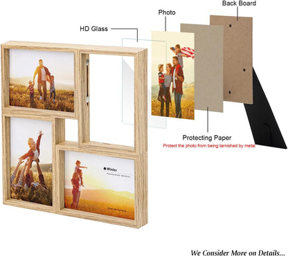 3.5x5 Collage Picture Frame 4 Openings, FSC Certified MDF Wood Family Photo Frame with HD Glass for Desktop & Wall Mount, Multi Picture Frames Set for Baby Nursery Room Decor, Natural
