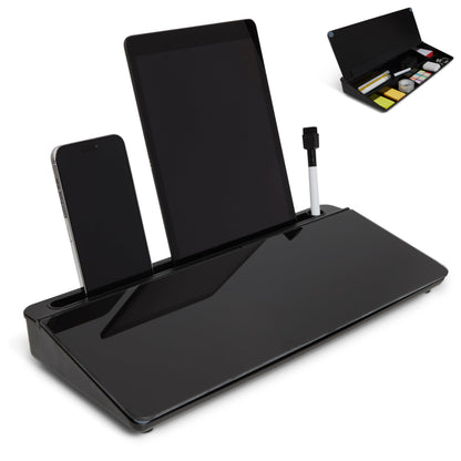 GAROOD Desktop Dry Erase Board with Storage (Black Base) Desk White Board Desk Board Glass Desktop White Board with Stand Home Office Organizer Phone Holder 15.8X7X2 inches