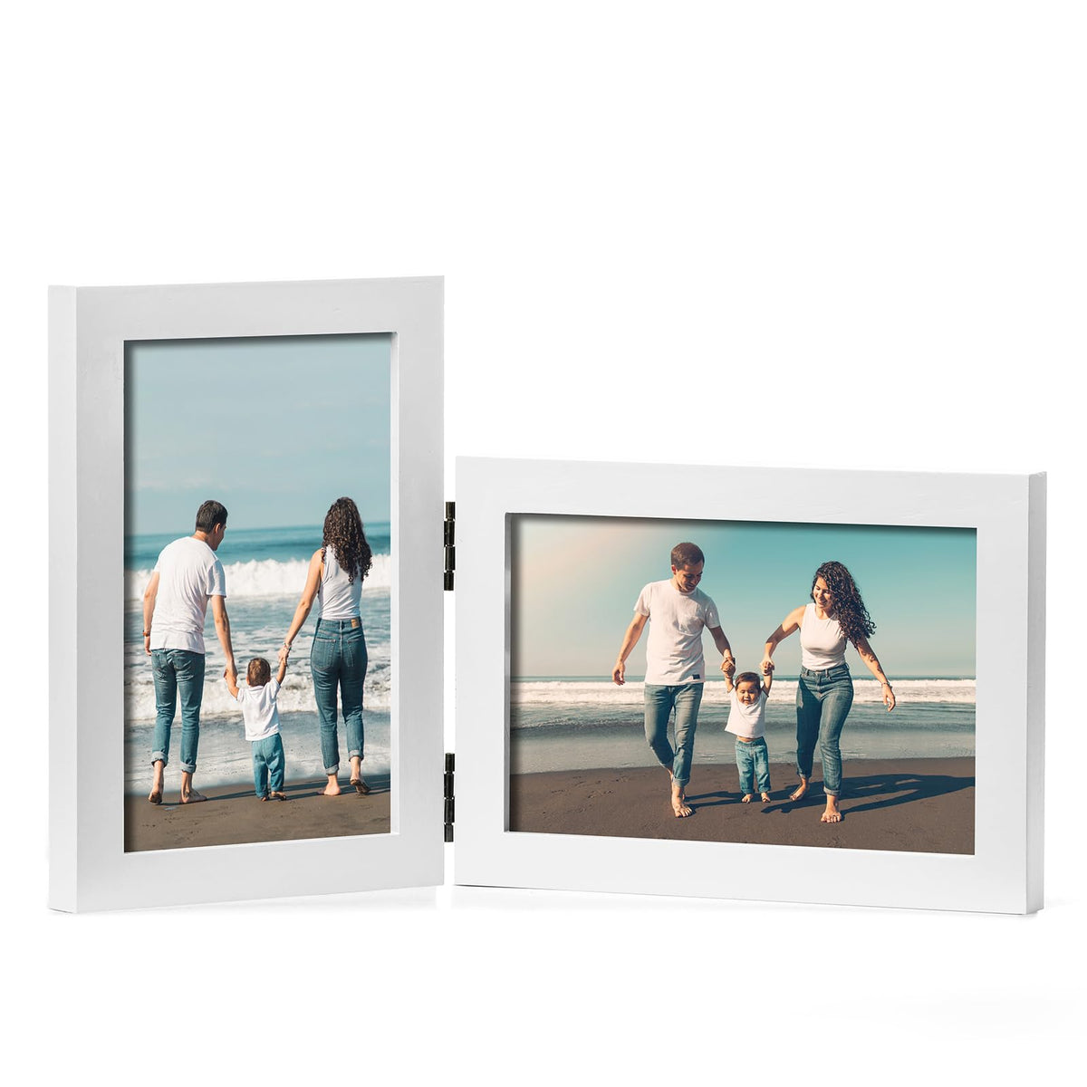 Double 4x6 Hinged Picture Frame Vertical Horizontal Folding Photo Frame Pine Wood with Real Glass, Matted to 3x5, Table Desktop Free-Standing or Wall Art Display, Brown