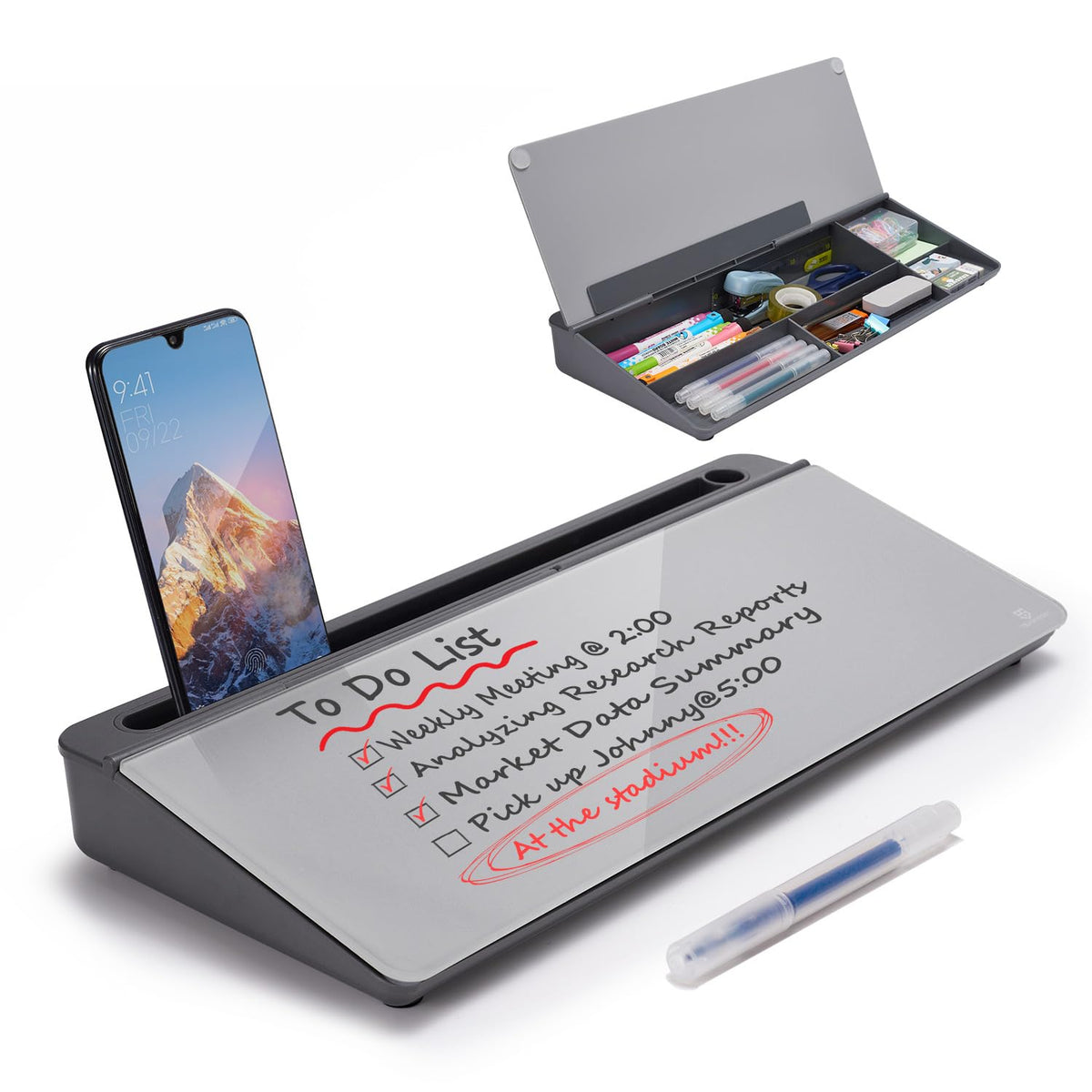 TSJ OFFICE Small Desktop Whiteboard -Glass Dry Erase Board Computer Keyboard Stand White Board Surface Pad with Drawer, Desk Organizers with Accessories for Office, Home, School Supplies - White