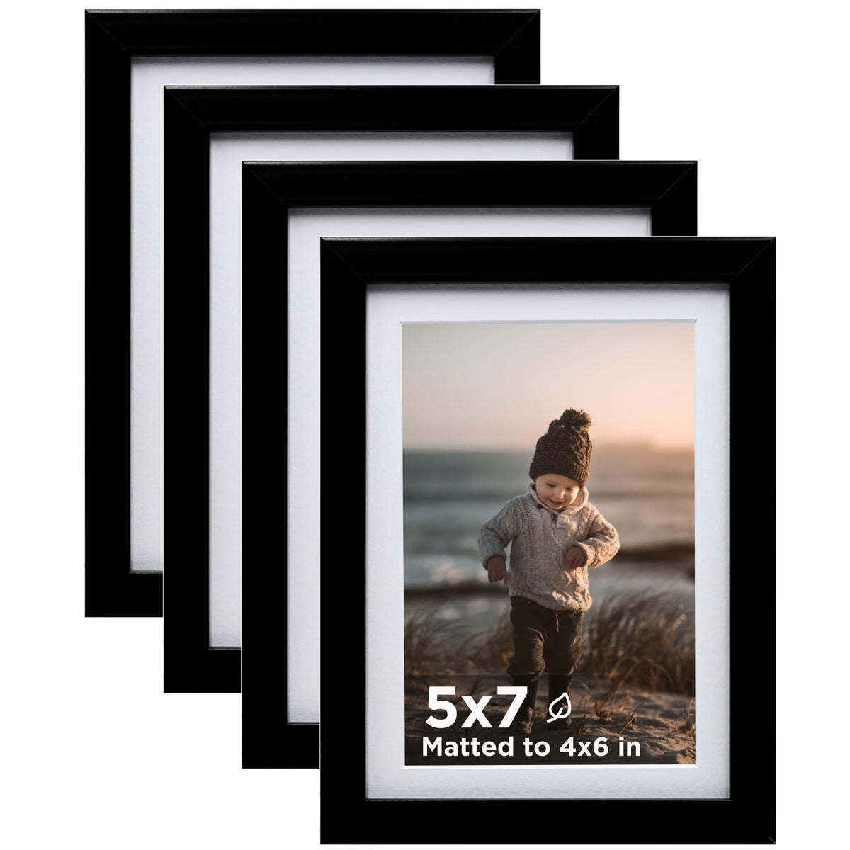 KINLINK 5x7 Picture Frames, Mix Color Photo Frames with Plexiglass for Picture 4x6 with Mat or 5x7 without Mat, Composite Wood Picture Frames for Table Top and Wall Mounting, Set of 4