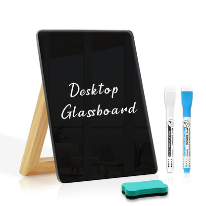 Desktop Glass Dry Erase Board, 9.5" x 6.7", Adjustable Wood Stand, Reusable