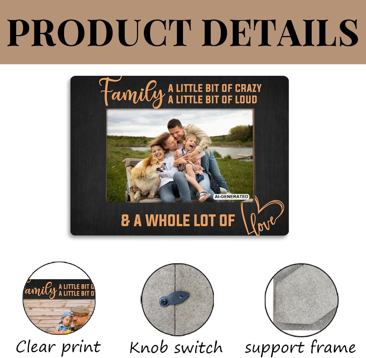 Family Photo Frame for Home Decor, A Little Bit of Crazy A Little Bit of Loud & A Whole Lot of Love Photo Frame, Holds 4 x 6 Inch Photos, Farmhouse Wooden Picture Frames Gift, Family Room Decor C1