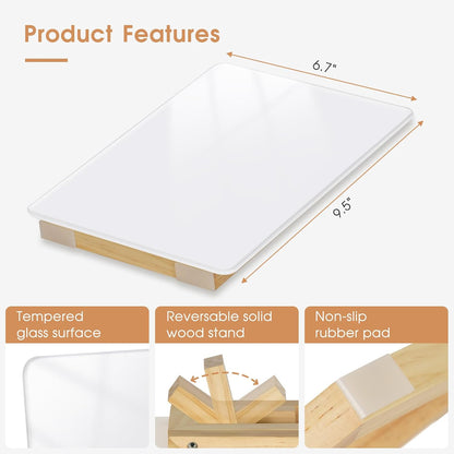 Desktop Glass Dry Erase Board, 9.5" x 6.7", Adjustable Wood Stand, Reusable