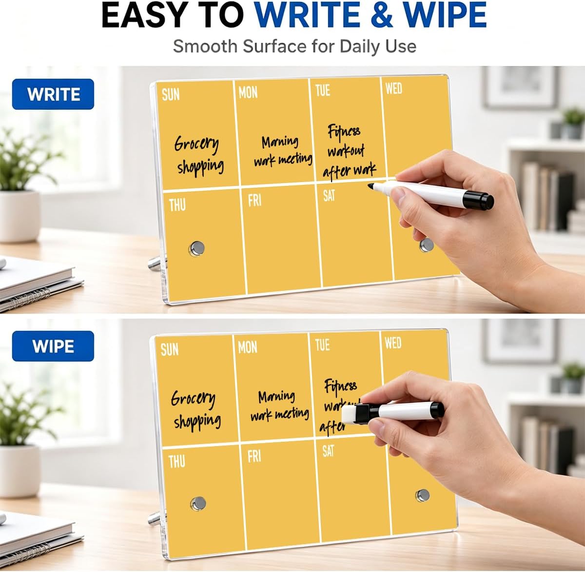 HTBIG Acrylic Weekly Message Calendar Board Dry Erase Yellow Plan Board