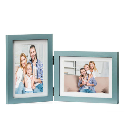 Double 4x6 Hinged Picture Frame Vertical Horizontal Folding Photo Frame Pine Wood with Real Glass, Matted to 3x5, Table Desktop Free-Standing or Wall Art Display, Brown