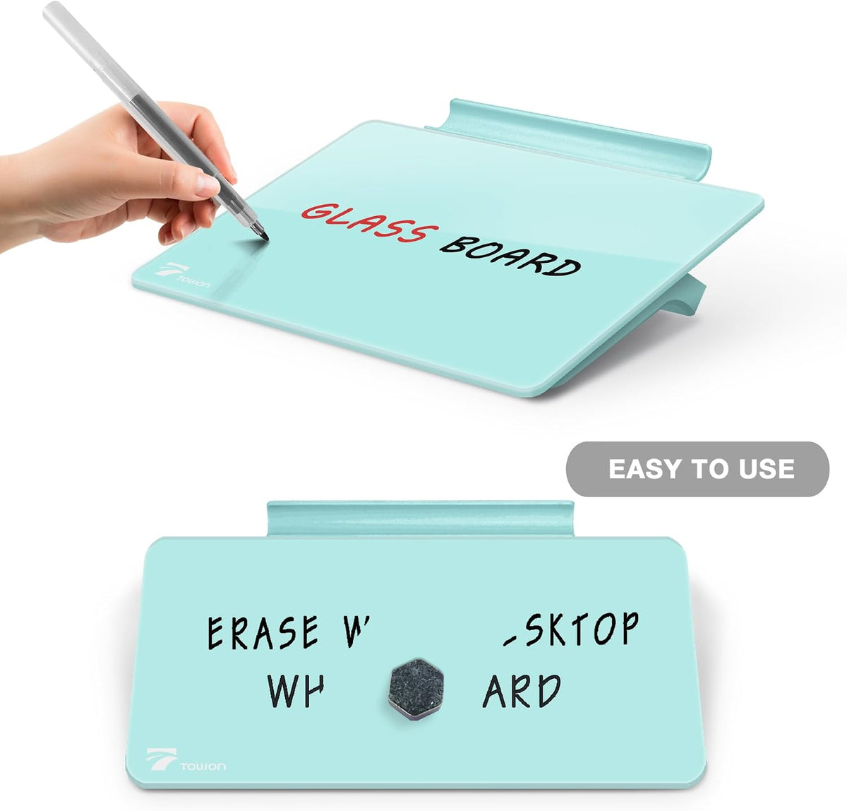 Aqua Blue Mini Desktop Pure Glass Whiteboard, Small Glass Dry-Erase Stand