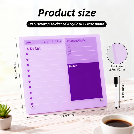 Purple Acrylic Dry Erase Board 12x10 inch, Thickened Desktop to Do List Planner Board with Stand and Markers,Frameless Tabletop Purple Dry Erase White Board Daily Task Organizer for Office Home School