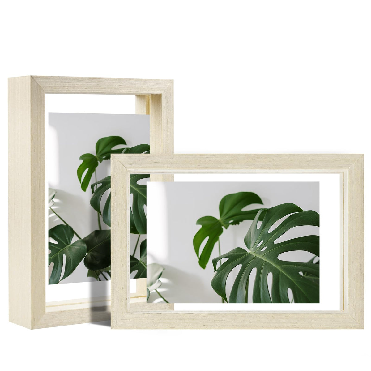 Egofine 5x7 Floating Frames Set of 2, Double Plexiglass Picture Frame, Made of Solid Wood Display Any Size Photo up to 5x7, Wall Mount or Tabletop Standing, Natural Wood