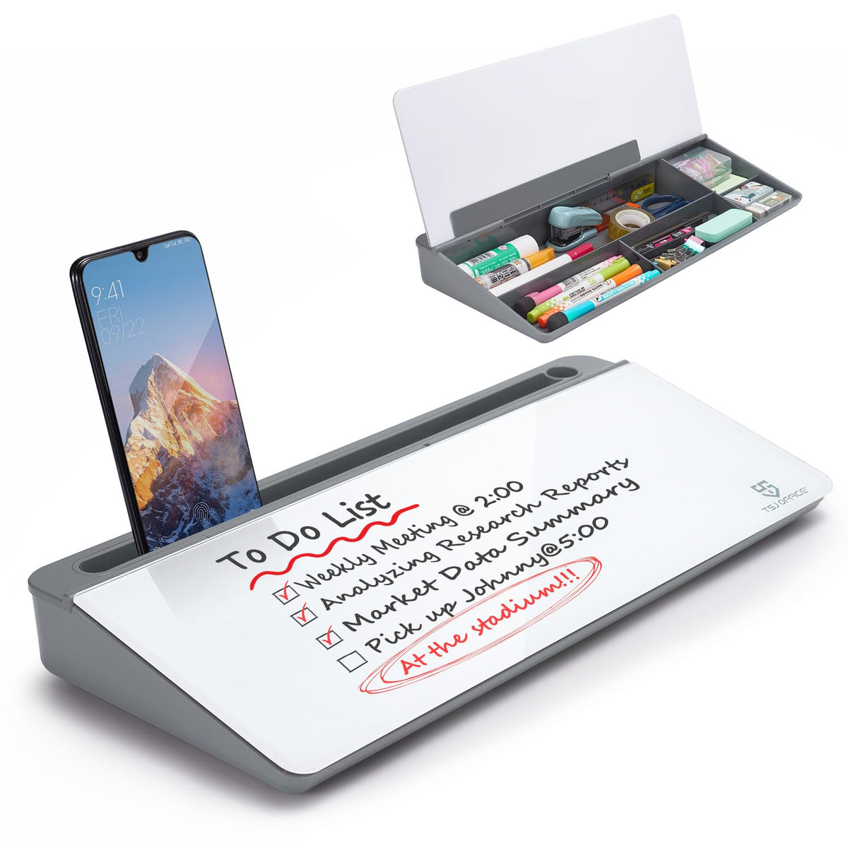 TSJ OFFICE Desktop Whiteboard Dry-Erase-Board - Computer Keyboard Stand White Board Surface Pad with Drawer, Desk Organizers with Accessories for Office, Home, School Supplies - Complete Black