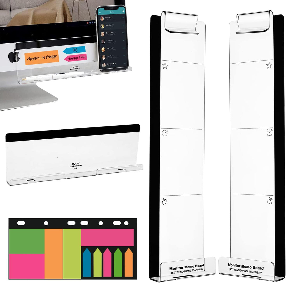 Monitor Memo Boards for Computer, Set of 3 (Left & Right & Bottom) Multifunction Acrylic Screen Message Reminder Pad Side Panels Phone Holder - Utility Organizer for Office Desktop, with Sticky Notes