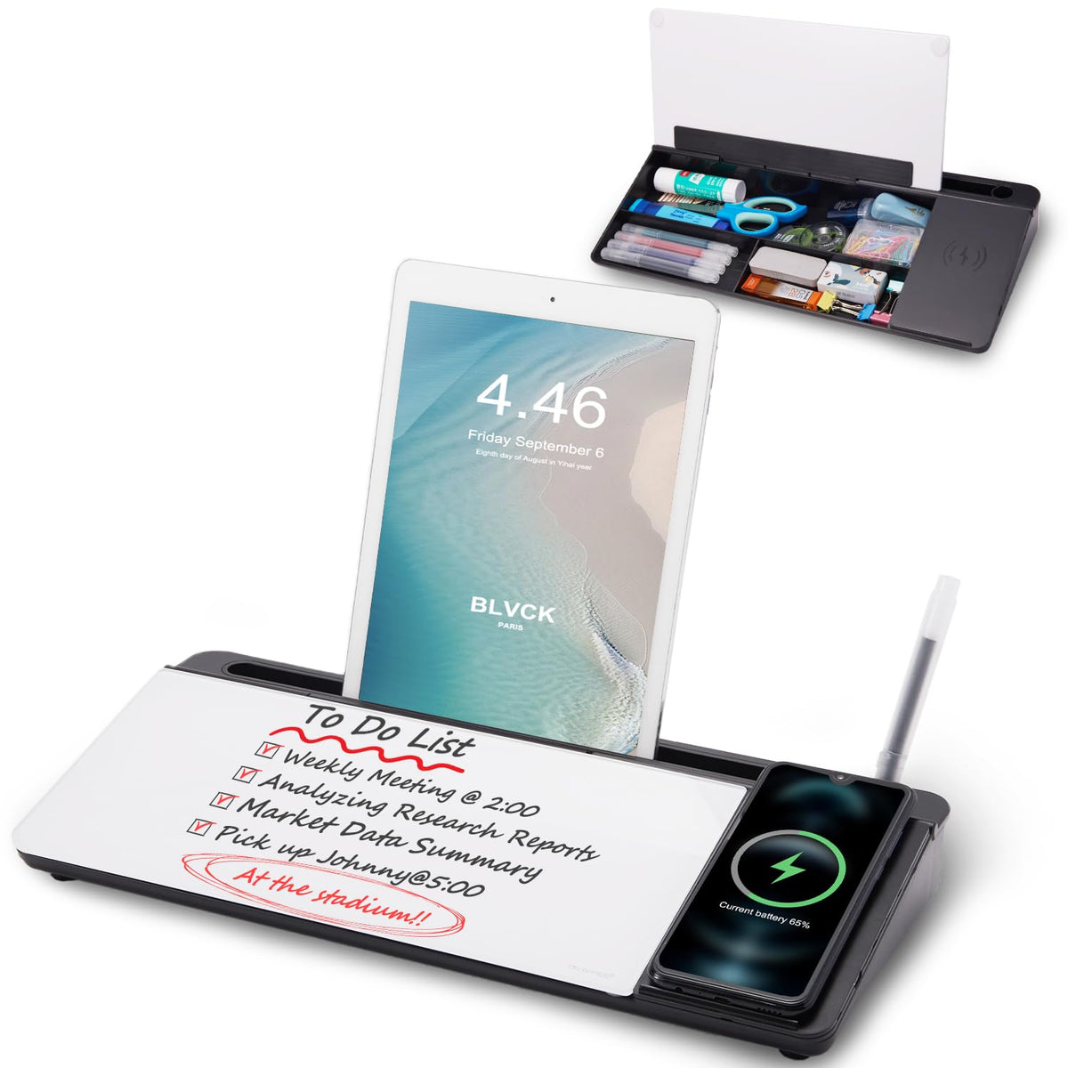 Small Desktop Glass Whiteboard Dry-Erase-Board - Computer Keyboard Stand White Board Surface Pad with Drawer, Desk Organizers with Accessories for Office, Home, School Supplies - Grey