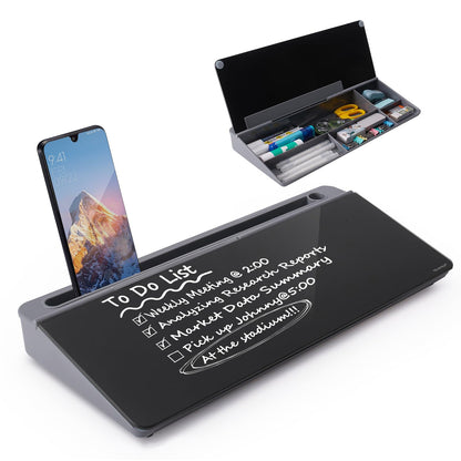 Small Desktop Glass Whiteboard Dry-Erase-Board - Computer Keyboard Stand White Board Surface Pad with Drawer, Desk Organizers with Accessories for Office, Home, School Supplies - Grey