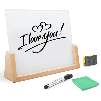 Desktop Glass Whiteboard with Wood Base, Small Whiteboard Glass Dry Erase Board Mini Whiteboard Portable Desk Whiteboard for Home, Office, 6.9x5.86 inch. Accessories Included