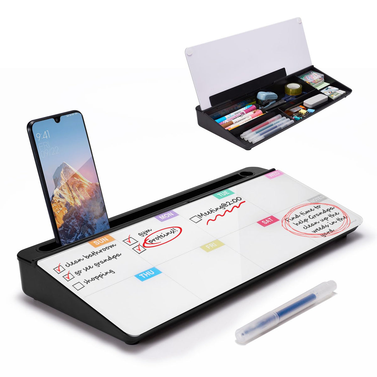TSJ OFFICE Small Desktop Whiteboard -Glass Dry Erase Board Computer Keyboard Stand White Board Surface Pad with Drawer, Desk Organizers with Accessories for Office, Home, School Supplies - White