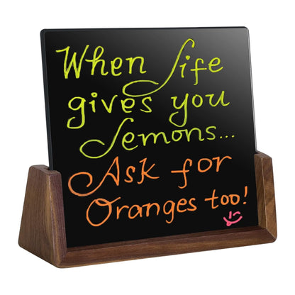Mini Desktop Glass Dry Erase White Board with Rustic Wood Base,White Glass
