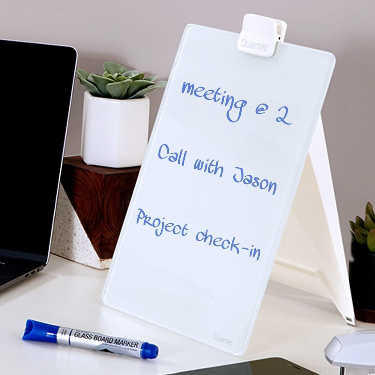 Quartet Dry Erase White Board 9"W x 11"H Desktop Glass Pad with Removable Clip and Marker, White (GDE119)