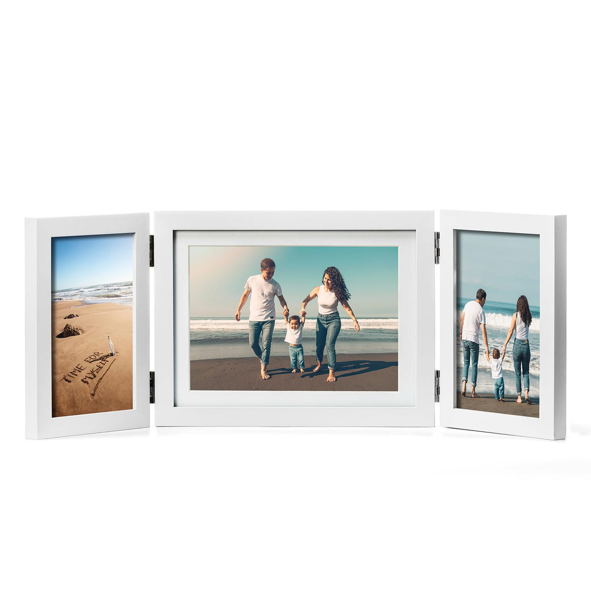 Double 4x6 Hinged Picture Frame Vertical Horizontal Folding Photo Frame Pine Wood with Real Glass, Matted to 3x5, Table Desktop Free-Standing or Wall Art Display, Brown