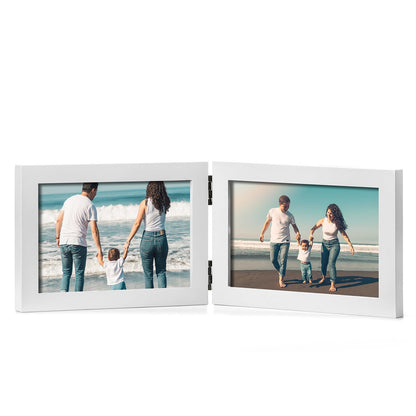 Double 4x6 Hinged Picture Frame Vertical Horizontal Folding Photo Frame Pine Wood with Real Glass, Matted to 3x5, Table Desktop Free-Standing or Wall Art Display, Brown