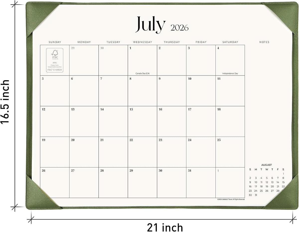 Simplified Desk Calendar 2026 with Desktop Mat, Cabbrix Large Desk Pad Calendar 21" x 16-1/2" Including January 2026 to June 2027, Desk Blotter Calendar for Home School and Office (Mint Green)