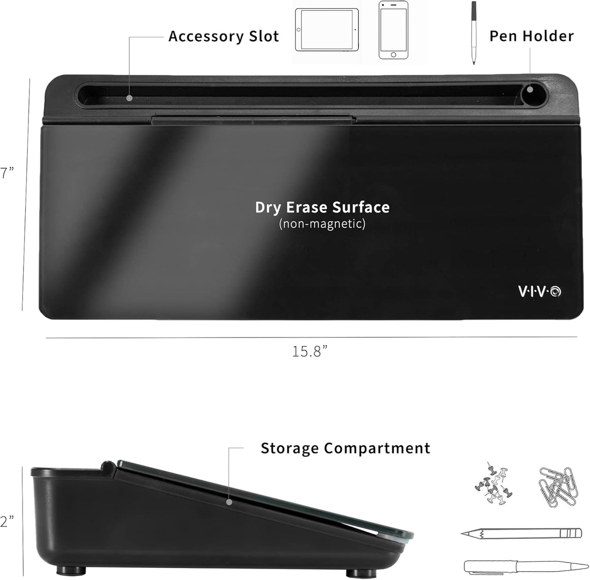 VIVO Black Glass 16 x 7 in Dry Erase Board with Storage, DESK-WB16B