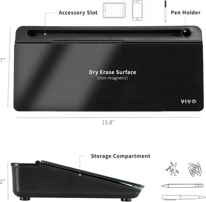 VIVO Black Glass 16 x 7 in Dry Erase Board with Storage, DESK-WB16B