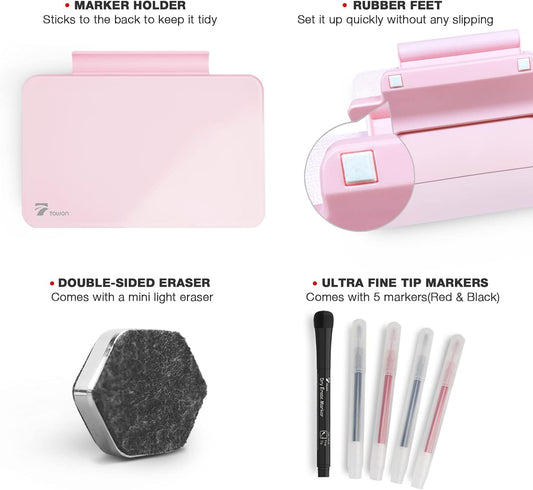 Pink Mini Desktop Pure Glass Whiteboard, Small Glass Dry-Erase Whiteboard