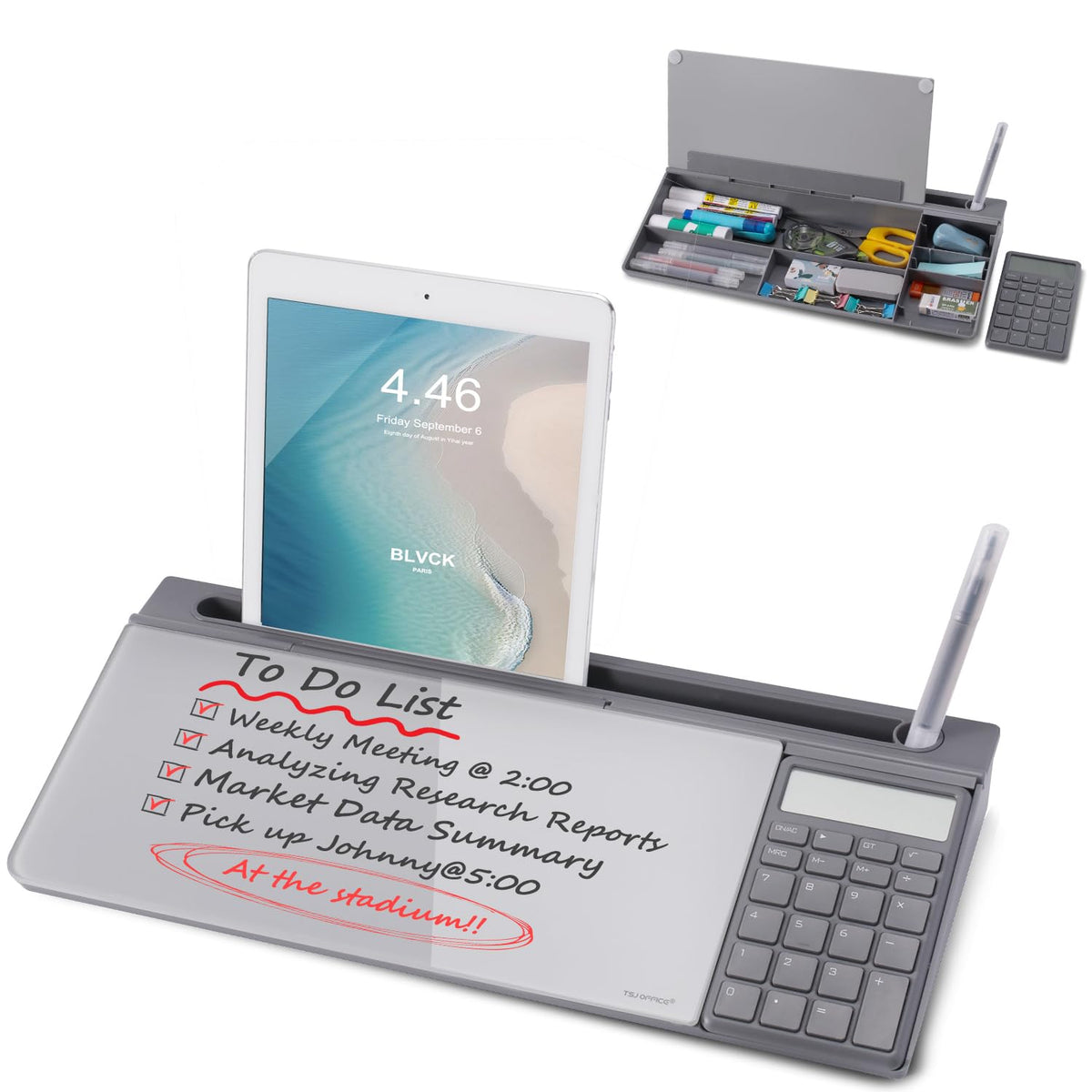 TSJ OFFICE Small Desktop Whiteboard -Glass Dry Erase Board Computer Keyboard Stand White Board Surface Pad with Drawer, Desk Organizers with Accessories for Office, Home, School Supplies - White