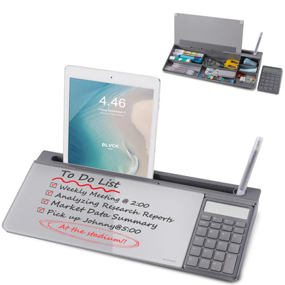 TSJ OFFICE Small Desktop Whiteboard -Glass Dry Erase Board Computer Keyboard Stand White Board Surface Pad with Drawer, Desk Organizers with Accessories for Office, Home, School Supplies - White