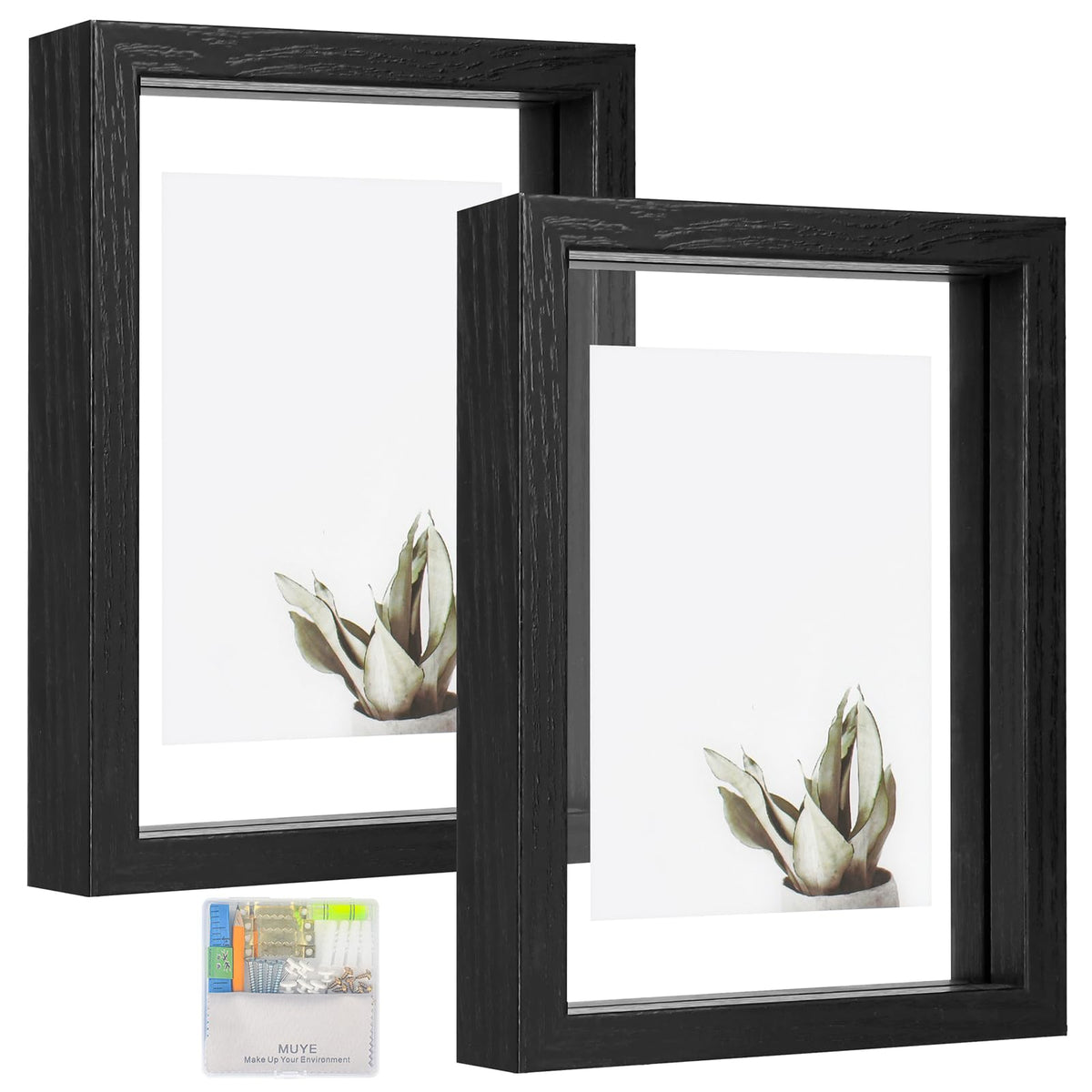 MUYE 5x7 Floating Frame Set of 2,Double Glass Rustic Photo Frame for Wall Hanging or Tabletop Standing,Also Display 4x6 or 3x5 Photo for Floating Effect,Natural