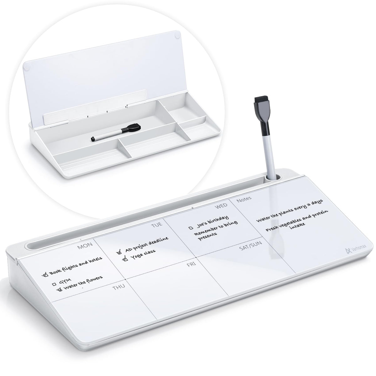 Varhomax Desktop Whiteboard with Storage, Desk Organizer Dry Erase Glass White Board to-do List Memo Notepad for Home Office and School Supplies (Black)