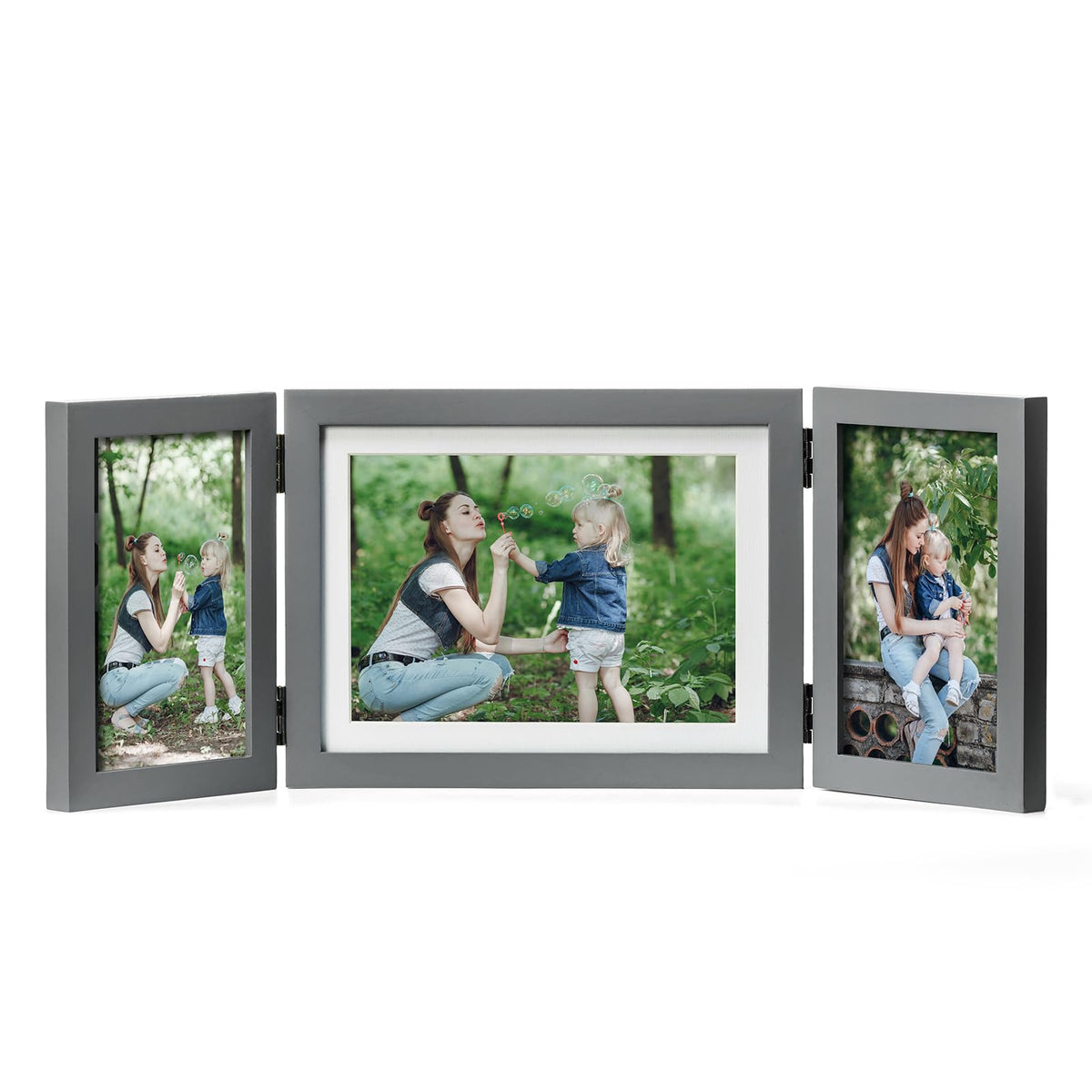 Double 4x6 Hinged Picture Frame Vertical Horizontal Folding Photo Frame Pine Wood with Real Glass, Matted to 3x5, Table Desktop Free-Standing or Wall Art Display, Brown