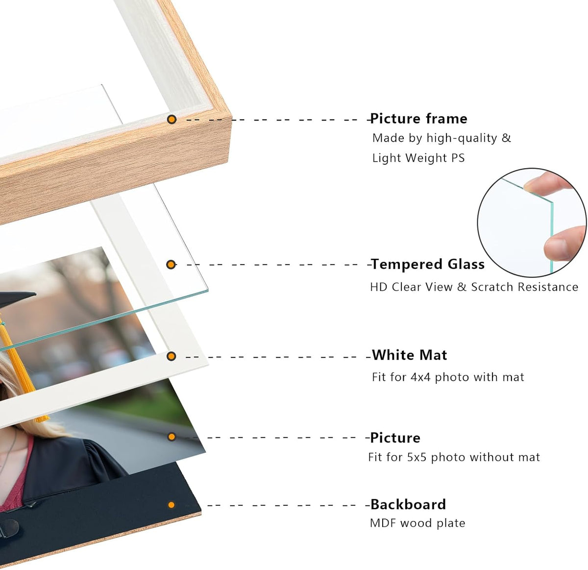 5x5 Double Hinged Picture Frame with Real Glass, PS06-WGB5