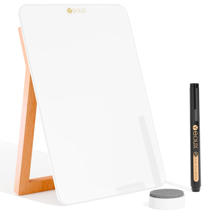 Desktop Black Glass Dry Erase Whiteboard with Reversible Wood Stand, Small Portable White Board Easel for Desk, Reusable Desk Notepad 9.5"x6.7" for Office, Home, School, Marker&Eraser Included, Yeoux