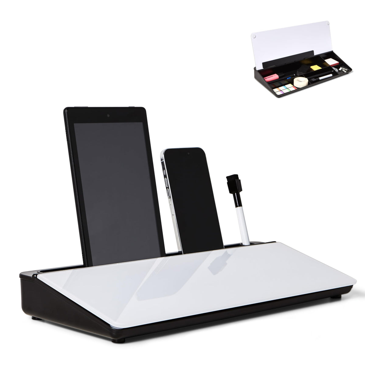 GAROOD Desktop Dry Erase Board with Storage (Black Base) Desk White Board Desk Board Glass Desktop White Board with Stand Home Office Organizer Phone Holder 15.8X7X2 inches