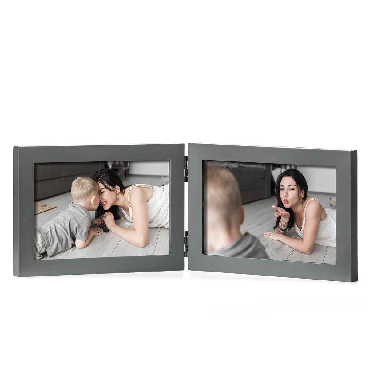 Double 4x6 Hinged Picture Frame Vertical Horizontal Folding Photo Frame Pine Wood with Real Glass, Matted to 3x5, Table Desktop Free-Standing or Wall Art Display, Brown