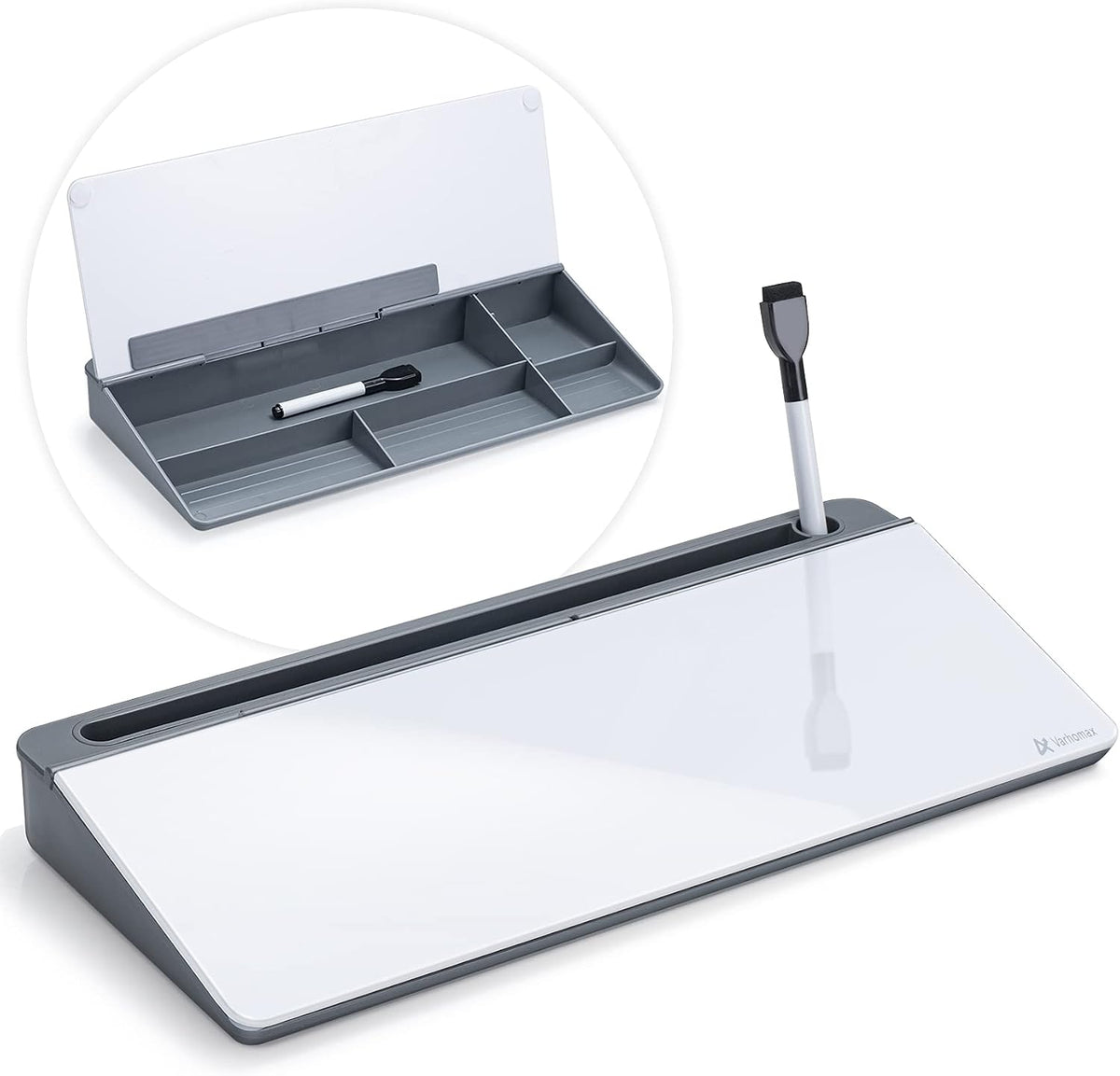 Varhomax Glass Desk Whiteboard with Storage, Desktop Organizer to-do List Memo Notepad Dry Erase White Board for Home Office and School Supplies (Gray)