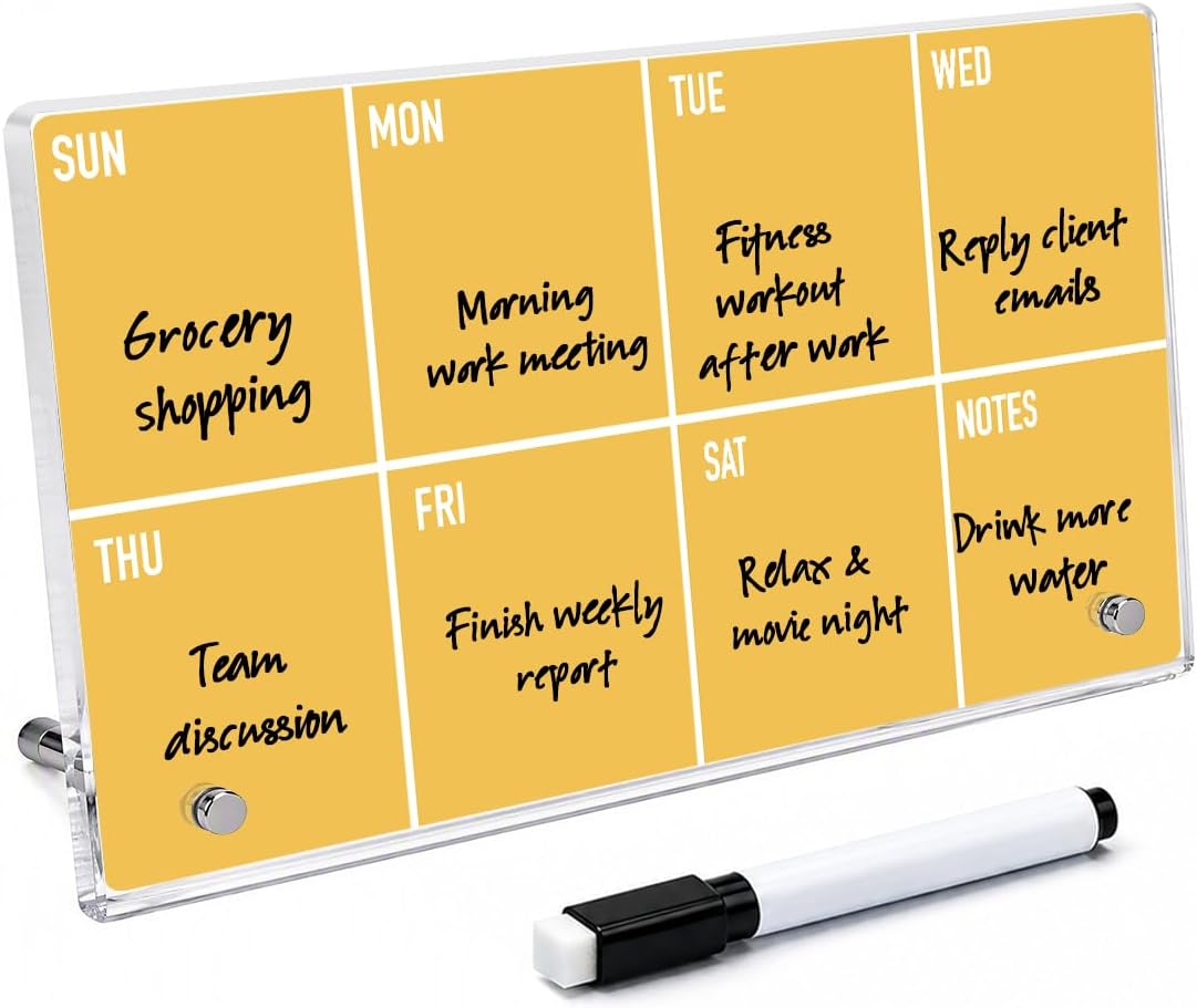 HTBIG Acrylic Weekly Message Calendar Board Dry Erase Yellow Plan Board