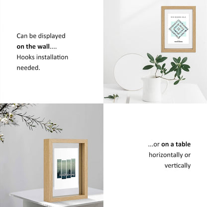 MUYE 5x7 Floating Frame Set of 2,Double Glass Rustic Photo Frame for Wall Hanging or Tabletop Standing,Also Display 4x6 or 3x5 Photo for Floating Effect,Natural