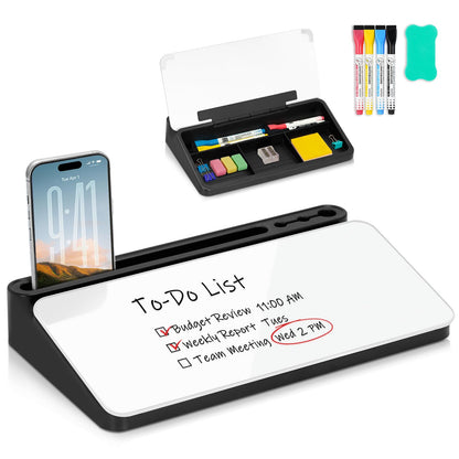 Small Desktop Glass Whiteboard with Storage, Desk Dry Erase White Board
