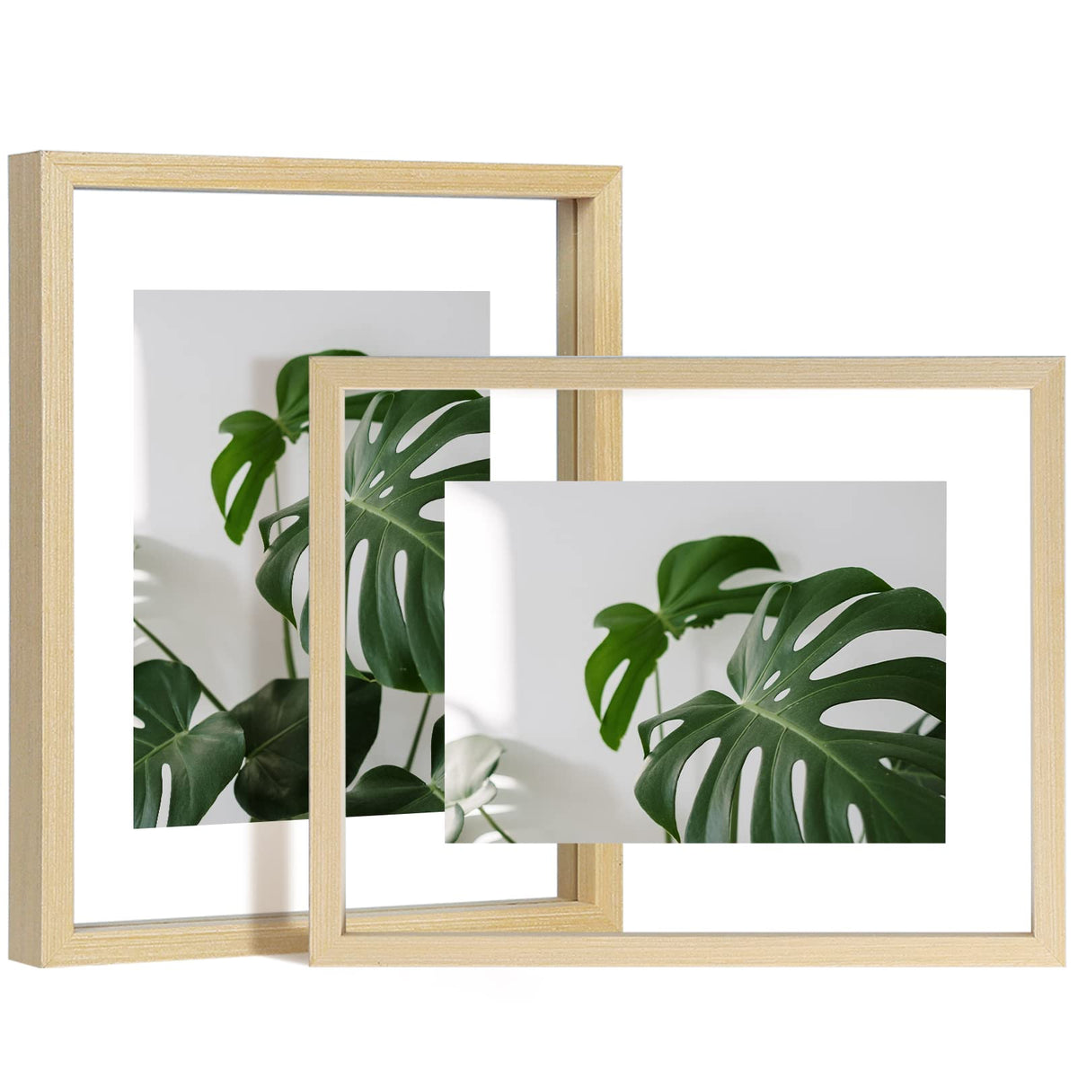 Egofine 5x7 Floating Frames Set of 2, Double Plexiglass Picture Frame, Made of Solid Wood Display Any Size Photo up to 5x7, Wall Mount or Tabletop Standing, Natural Wood