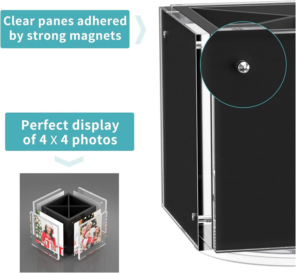 HIIMIEI Acrylic Picture Frames for Desk, Magnetic Photo Cube Pen Holder 4x4
