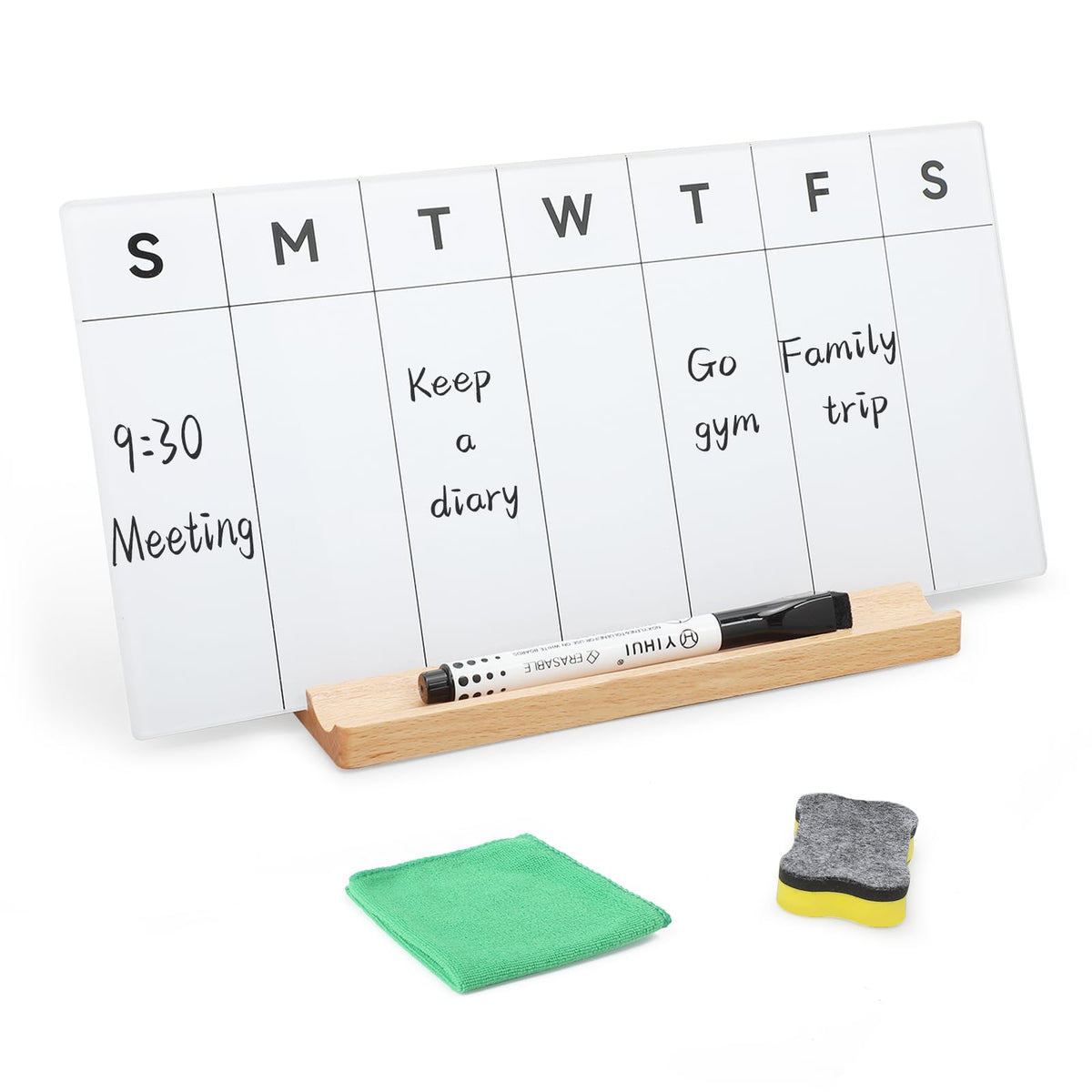 Desktop Glass Whiteboard with Wood Base, Small Whiteboard Glass Dry Erase Board Mini Whiteboard Portable Desk Whiteboard for Home, Office, 6.9x5.86 inch. Accessories Included