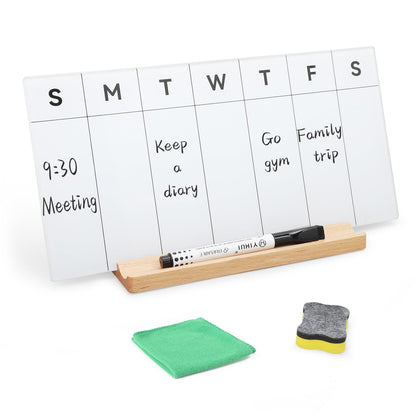Desktop Glass Whiteboard with Wood Base, Small Whiteboard Glass Dry Erase Board Mini Whiteboard Portable Desk Whiteboard for Home, Office, 6.9x5.86 inch. Accessories Included