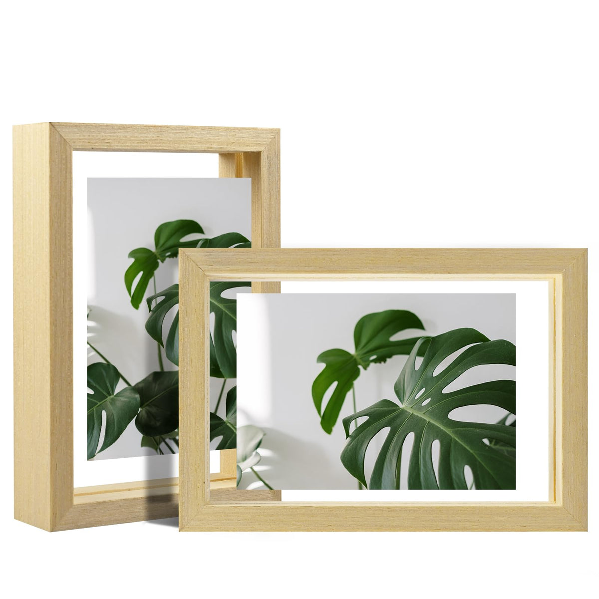 Egofine 5x7 Floating Frames Set of 2, Double Plexiglass Picture Frame, Made of Solid Wood Display Any Size Photo up to 5x7, Wall Mount or Tabletop Standing, Natural Wood