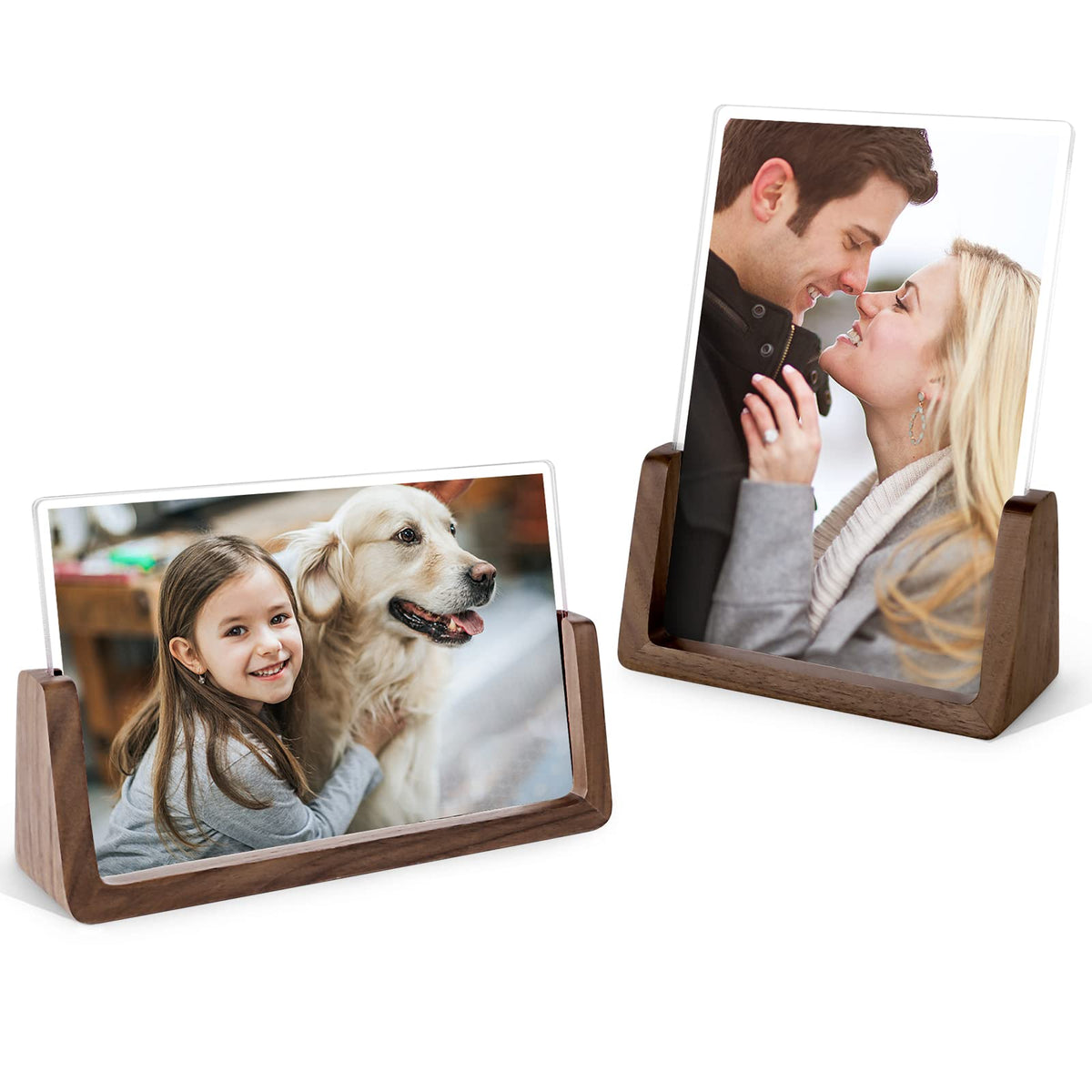 Mixoo 4x6 Picture Frame 2 Pack - Rustic Wooden Picture Frames with Walnut Wood Base and High Definition Break Free Acrylic Photo Covers for Desk Tabletop Display Teacher Father Gifts (Horizontal + Vertical)