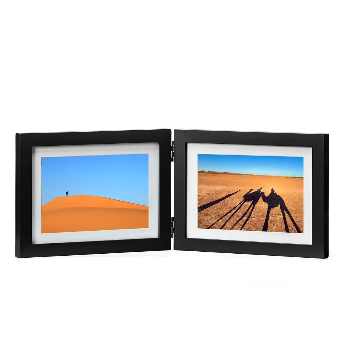 Double 4x6 Hinged Picture Frame Vertical Horizontal Folding Photo Frame Pine Wood with Real Glass, Matted to 3x5, Table Desktop Free-Standing or Wall Art Display, Brown
