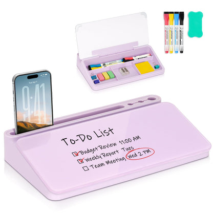 Small Desktop Glass Whiteboard with Storage, Desk Dry Erase White Board