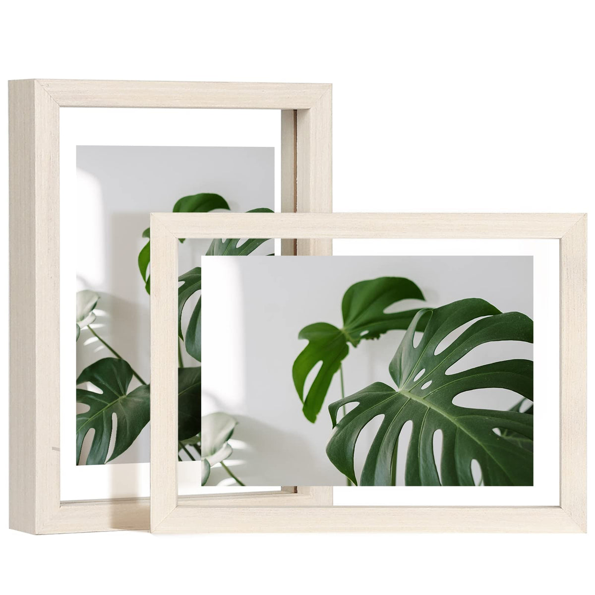 Egofine 5x7 Floating Frames Set of 2, Double Plexiglass Picture Frame, Made of Solid Wood Display Any Size Photo up to 5x7, Wall Mount or Tabletop Standing, Natural Wood