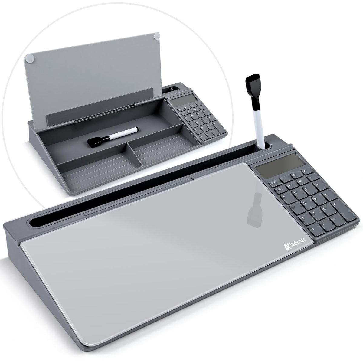 Varhomax Glass Desk Whiteboard with Storage, Desktop Organizer to-do List Memo Notepad Dry Erase White Board for Home Office and School Supplies (Gray)